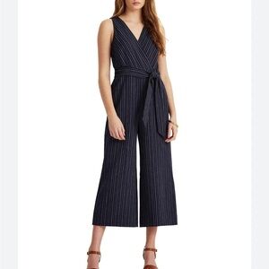 LAUREN RALPH LAUREN Womens Navy Pinstripe Sleeveless Wide Leg Jumpsuit